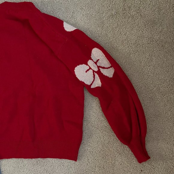 SHEIN | Warm Vibrant Red *Holiday Sweater* w/ White Bows | Slight Balloon Sleeve - Picture 9 of 11